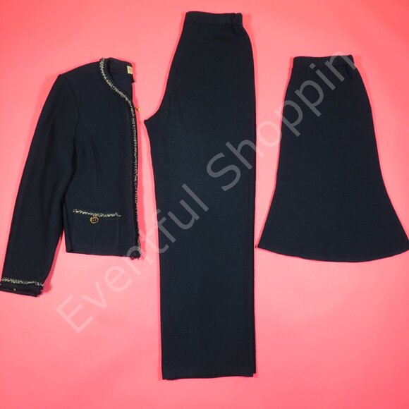 St John 3 Piece Set Womens 10 Blue Knit Jacket Pants Skirt Vintage Wool Rayon - Picture 15 of 16